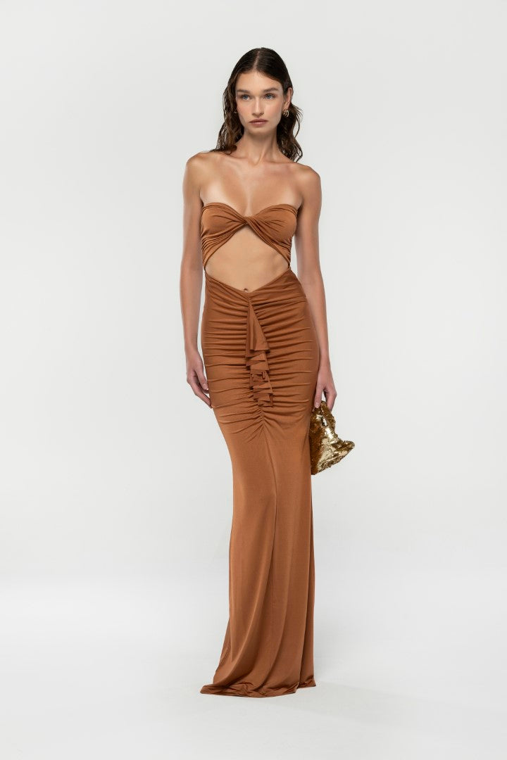 SHIRRED BROWN MAXI DRESS