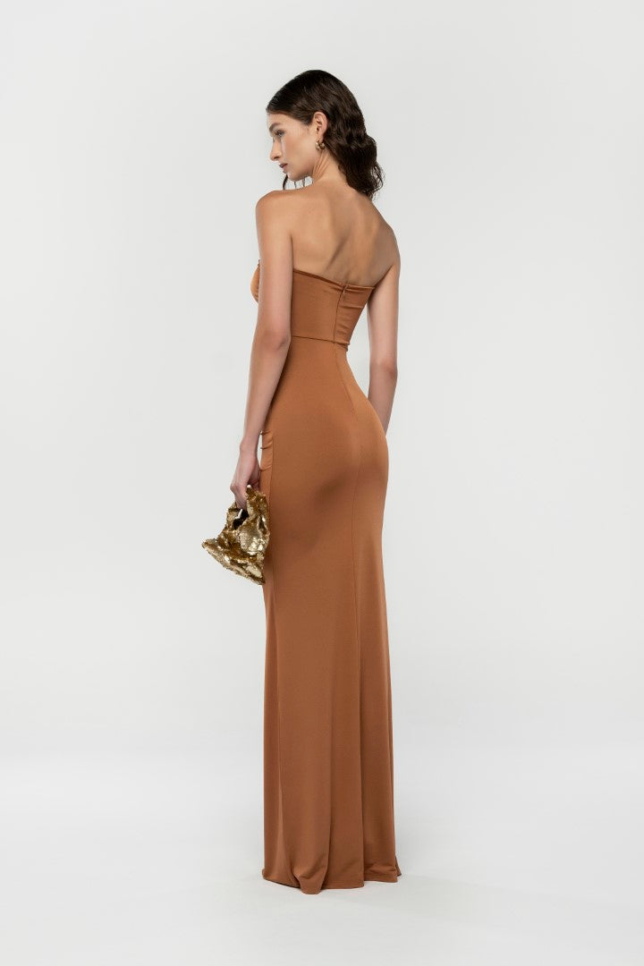 SHIRRED BROWN MAXI DRESS