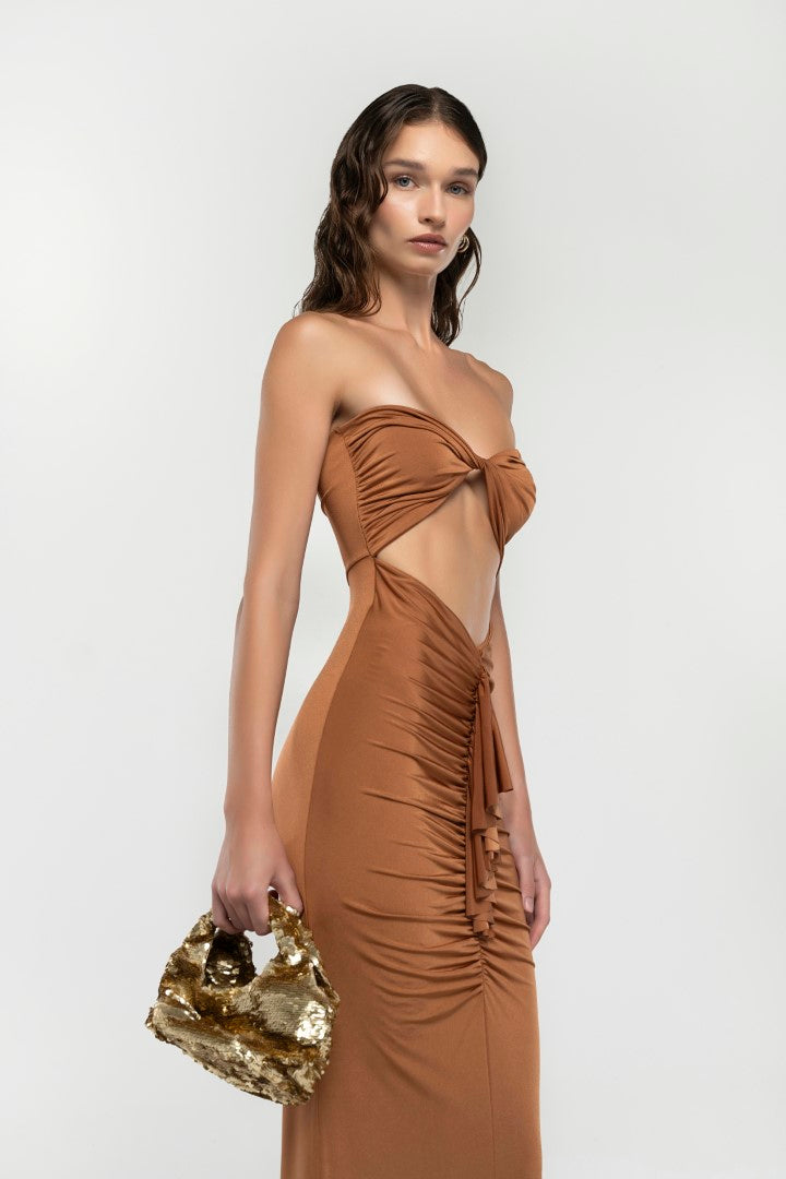 SHIRRED BROWN MAXI DRESS