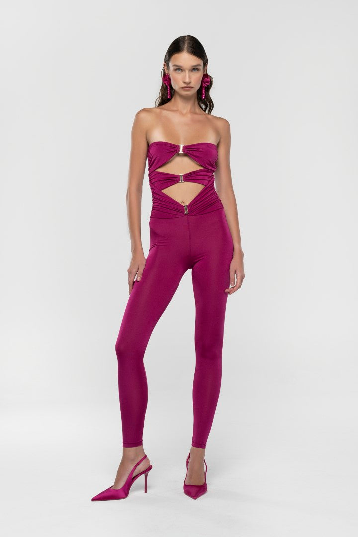 FUCHSIA SHIRRED JUMPSUIT