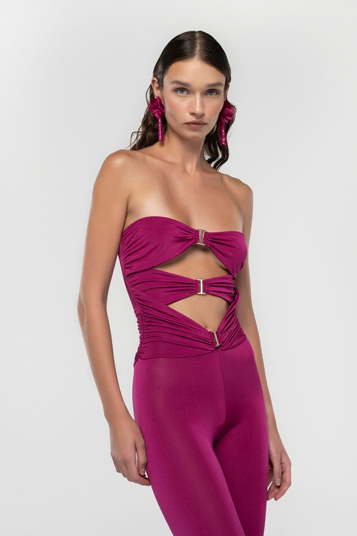 FUCHSIA SHIRRED JUMPSUIT