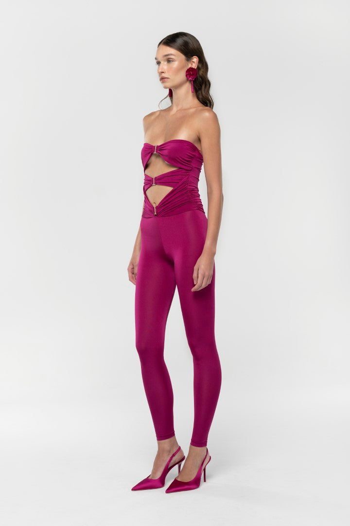 FUCHSIA SHIRRED JUMPSUIT